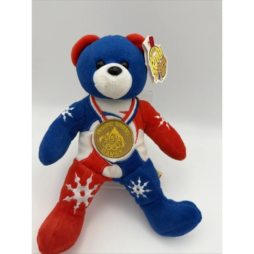 Olympic Winter USA Games 2002 Team Ring Beans Bean Bag Gold Medal Bear‎ US Flag